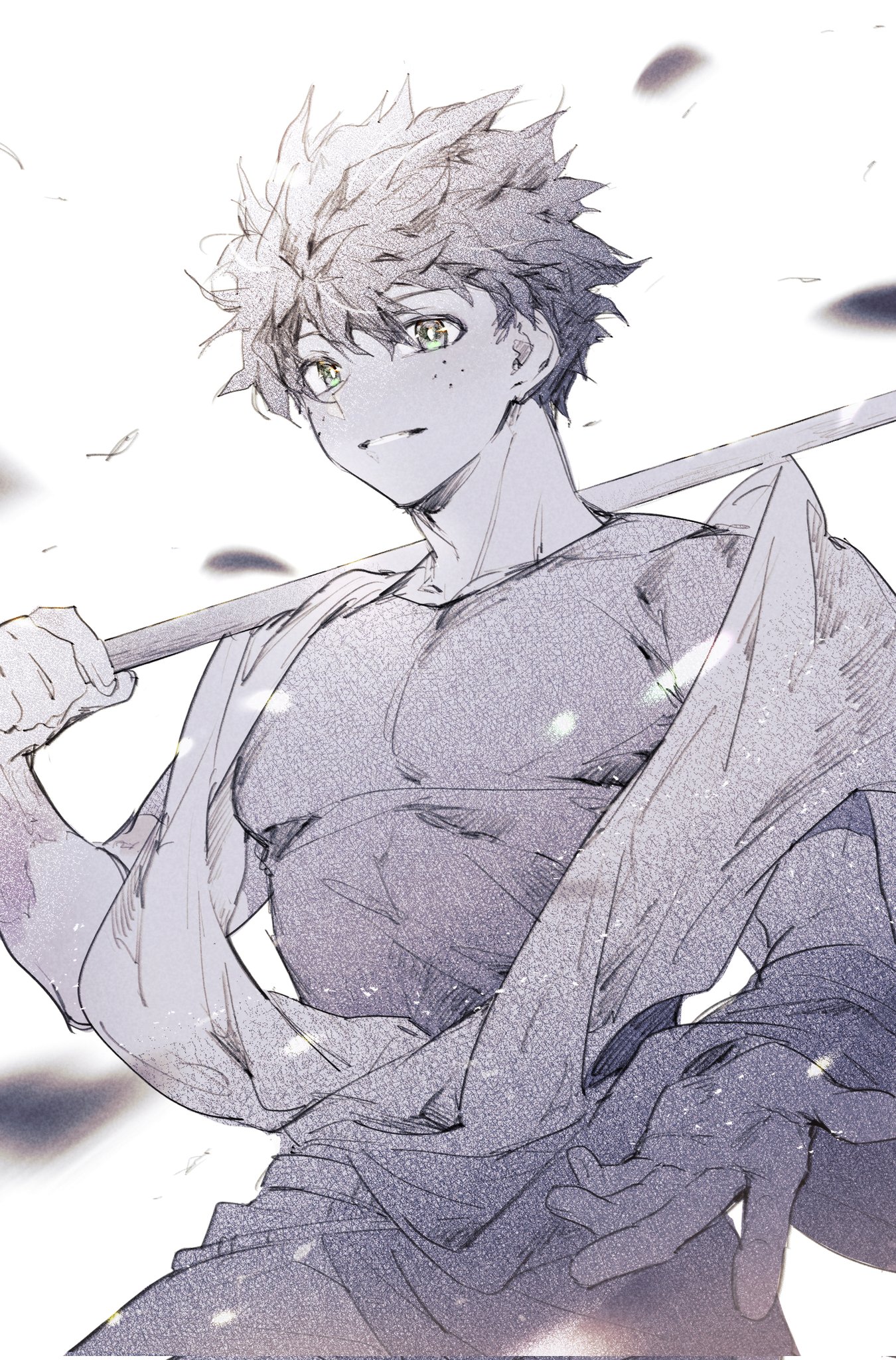 lycik 98, midoriya izuku, boku no hero academia, corrupted twitter file, highres, 1boy, covered pectorals, freckles, green eyes, greyscale, looking at viewer, male focus, monochrome, parted lips, pectorals, short hair, simple background, solo, spot color, teeth, white background