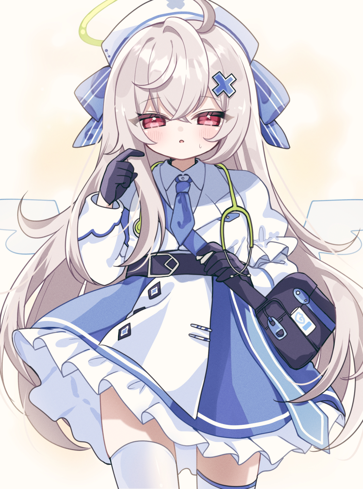 ni kiro, beatrixa (stella sora), stella sora, commentary request, highres, 1girl, bag, black gloves, blue bow, blue necktie, blue skirt, blush, bow, brown hair, collared shirt, frilled skirt, frills, gloves, hair between eyes, hair ornament, half gloves, halo, hand up, hat, jacket, layered sleeves, long hair, long sleeves, necktie, nurse cap, parted lips, puffy short sleeves, puffy sleeves, red eyes, shirt, short over long sleeves, short sleeves, shoulder bag, skirt, small sweatdrop, solo, stethoscope around neck, striped bow, sweat, thighhighs, very long hair, white hat, white jacket, white shirt, white thighhighs, x hair ornament