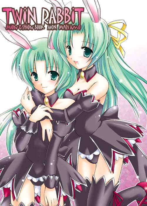amou mari, sonozaki mion, sonozaki shion, higurashi no naku koro ni, bad id, bad pixiv id, 00s, 2girls, angel mort, animal ears, collar, detached collar, green eyes, green hair, half updo, hug, long hair, multiple girls, rabbit ears, ribbon, siblings, sisters, thighhighs, twins