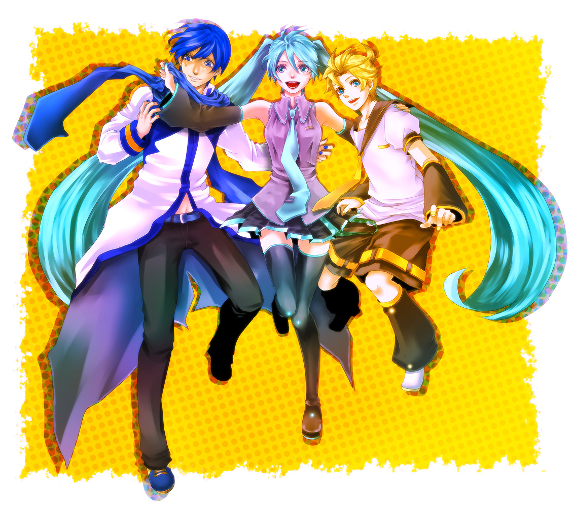 chiru (pixiv66277), chiru (sanifani), hatsune miku, kagamine len, kaito (vocaloid), vocaloid, bad id, bad pixiv id, 1girl, 2boys, aqua hair, blonde hair, blue eyes, blue hair, blue scarf, detached sleeves, long hair, multiple boys, necktie, orange background, scarf, shorts, skirt, smile, sweat, thighhighs, twintails