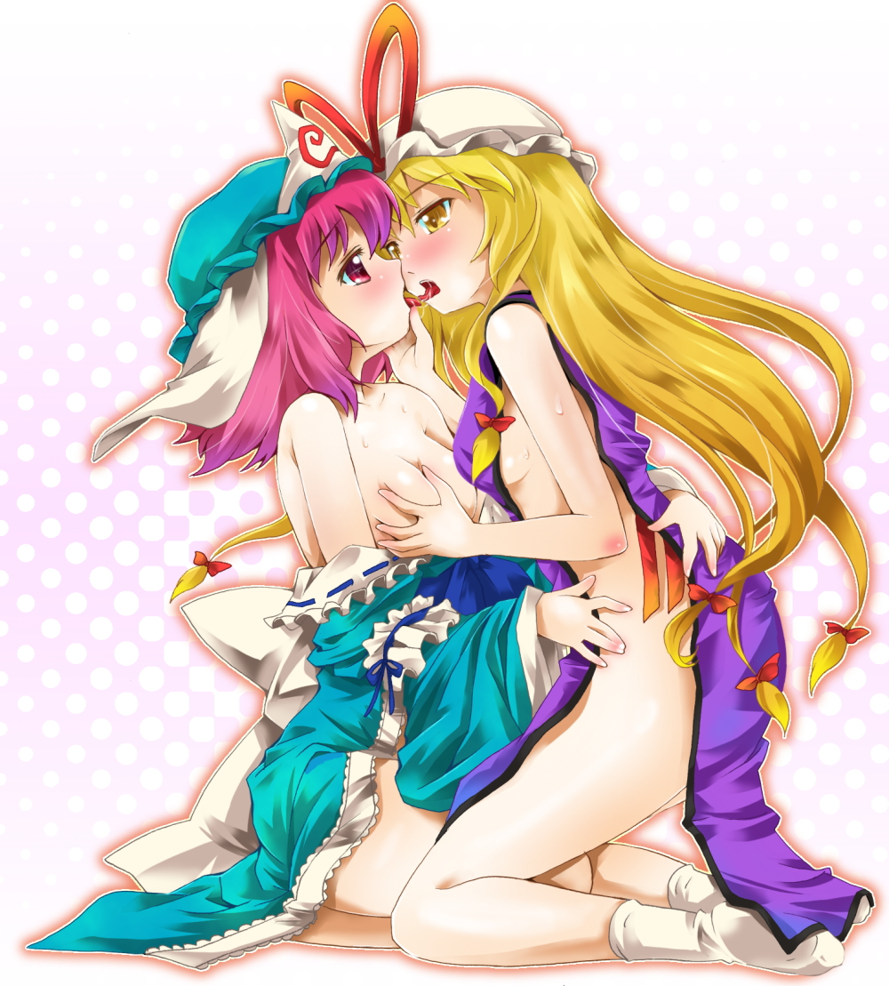 michii yuuki, saigyouji yuyuko, yakumo yukari, touhou, bad id, bad pixiv id, 2girls, bare shoulders, blonde hair, blush, bow, breasts, couple, female focus, french kiss, grabbing another's breast, groping, hair bow, hat, kiss, long hair, multiple girls, naked tabard, no bra, no panties, pink hair, red eyes, saliva, sideboob, socks, sweat, tabard, tongue, undressing, white socks, yellow eyes, yuri