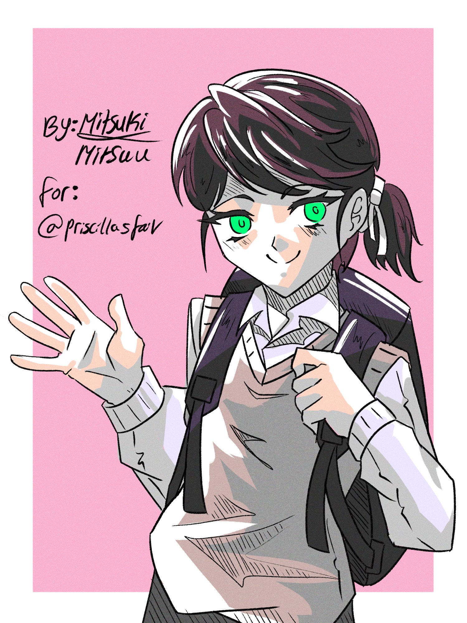 highres, bag, chiken sana, green eyes, holding, holding bag, it takes more than a pretty face to fall in love, mitsuki mitsuu, school uniform, short hair, sketch, smile, waving
