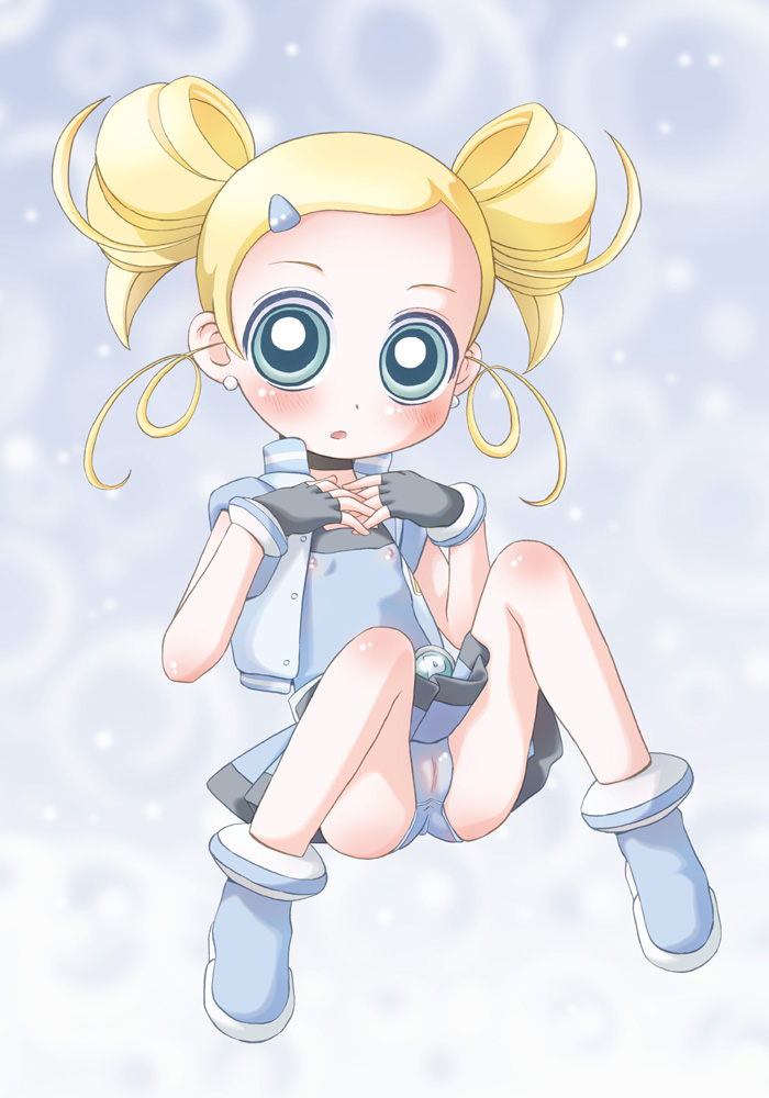 zummy, goutokuji miyako, rolling bubbles, powerpuff girls, powerpuff girls z, 00s, 1girl, blonde hair, blue eyes, blush, cameltoe, cleft of venus, drill hair, female focus, fingerless gloves, flat chest, gloves, hair ornament, hairclip, loli, magical girl, nipples, panties, pantyshot, pussy, see-through clothes, sitting, solo, spread legs, twintails, underwear
