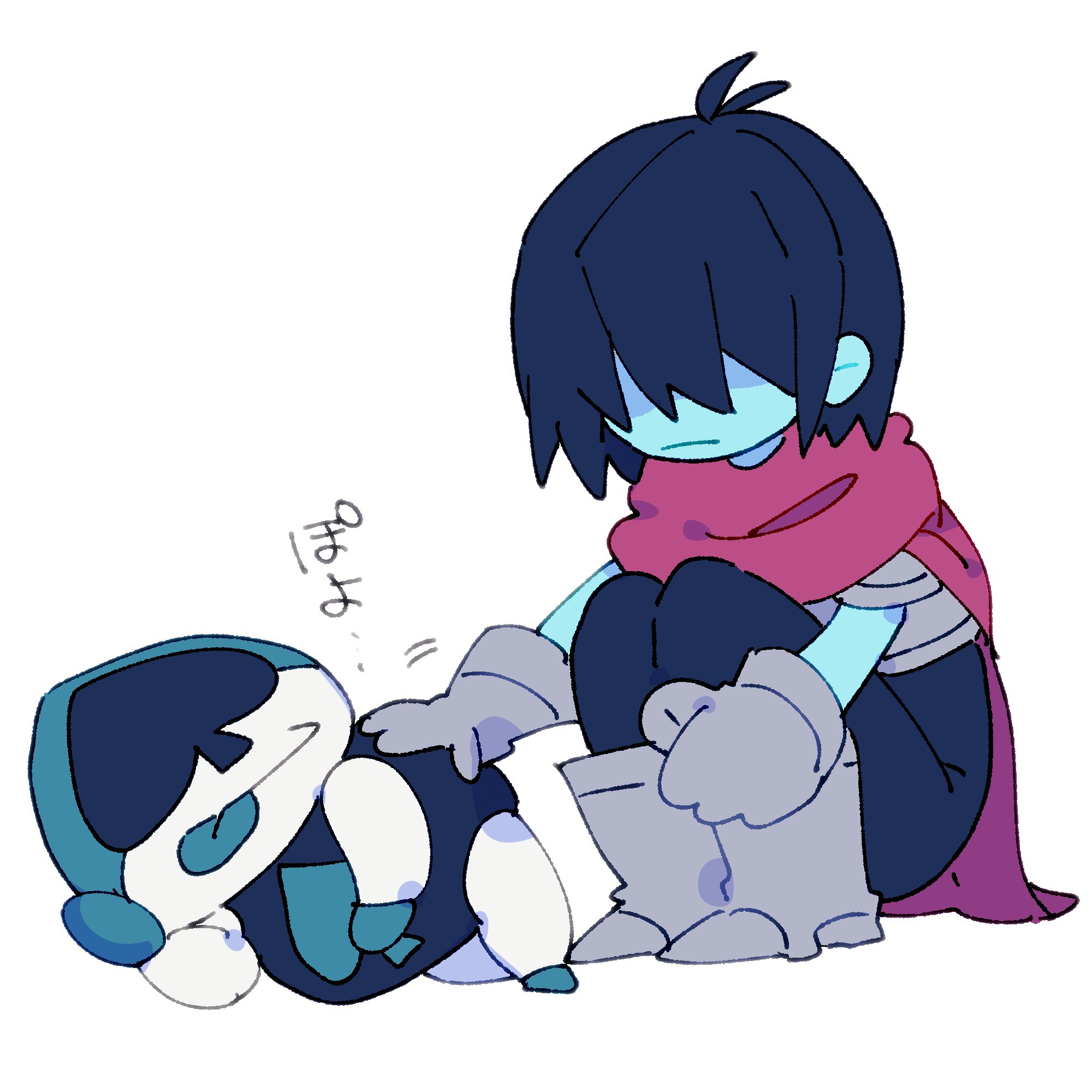 kris (dark world) (deltarune), kris (deltarune), lancer (deltarune), deltarune, utdr (toby fox), highres, 1boy, 1other, 2525nicc, armor, blue bodysuit, blue hair, blue skin, blue tongue, bodysuit, boots, cape, colored skin, colored tongue, full body, gloves, grey boots, grey gloves, knees to chest, lying, on side, red cape, short hair, simple background, squatting, tongue, tongue out, white background