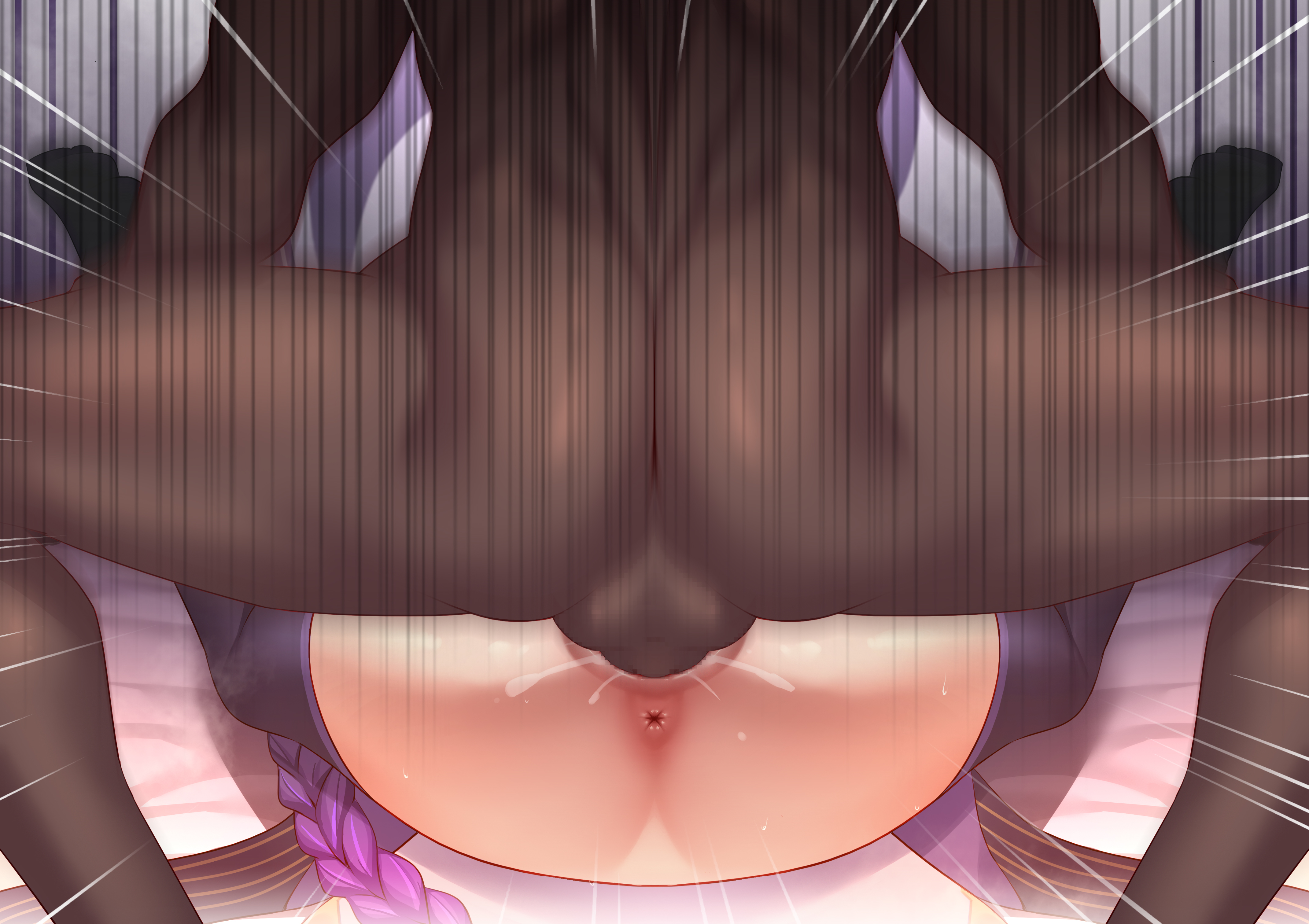 h.carrrrrrot, raiden shogun, genshin impact, absurdres, highres, 1boy, 1girl, anus, armor, ass, ass focus, back, blunt bangs, blush, braid, breasts, cum, cum in pussy, dark-skinned male, dark skin, electro symbol (genshin impact), from behind, gradient hair, grey background, hetero, holding another's legs, indoors, japanese clothes, kimono, large breasts, legs up, long braid, looking down, lying, mating press, mitsudomoe (shape), motion blur, multicolored hair, muscular, muscular male, on back, purple hair, purple kimono, purple thighhighs, sex, shade, shadow, shoulder armor, single braid, solo, spread legs, squatting, surprised, teeth, testicles, thick thighs, thighhighs, thighs, tomoe (symbol)