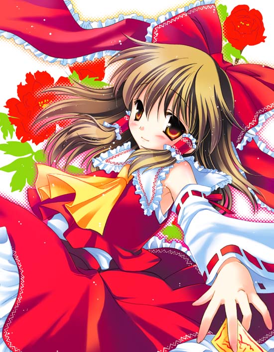 amou mari, hakurei reimu, touhou, jpeg artifacts, 1girl, blush, bow, brown eyes, brown hair, detached sleeves, female focus, flower, frills, hair bow, japanese clothes, large bow, long hair, miko, ofuda, ribbon, rose, smile, solo