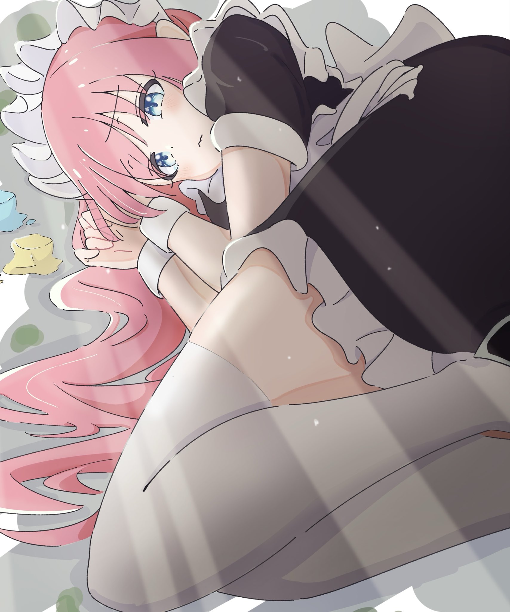 gotoh hitori, bocchi the rock!, commentary request, highres, 1girl, 9d irst, black dress, blue eyes, blush, closed mouth, dress, fetal position, frilled dress, frills, light rays, long hair, lying, maid, maid headdress, melting, on side, pink hair, short sleeves, solo, thighhighs, wavy mouth, white thighhighs, white trim, white wrist cuffs, wrist cuffs