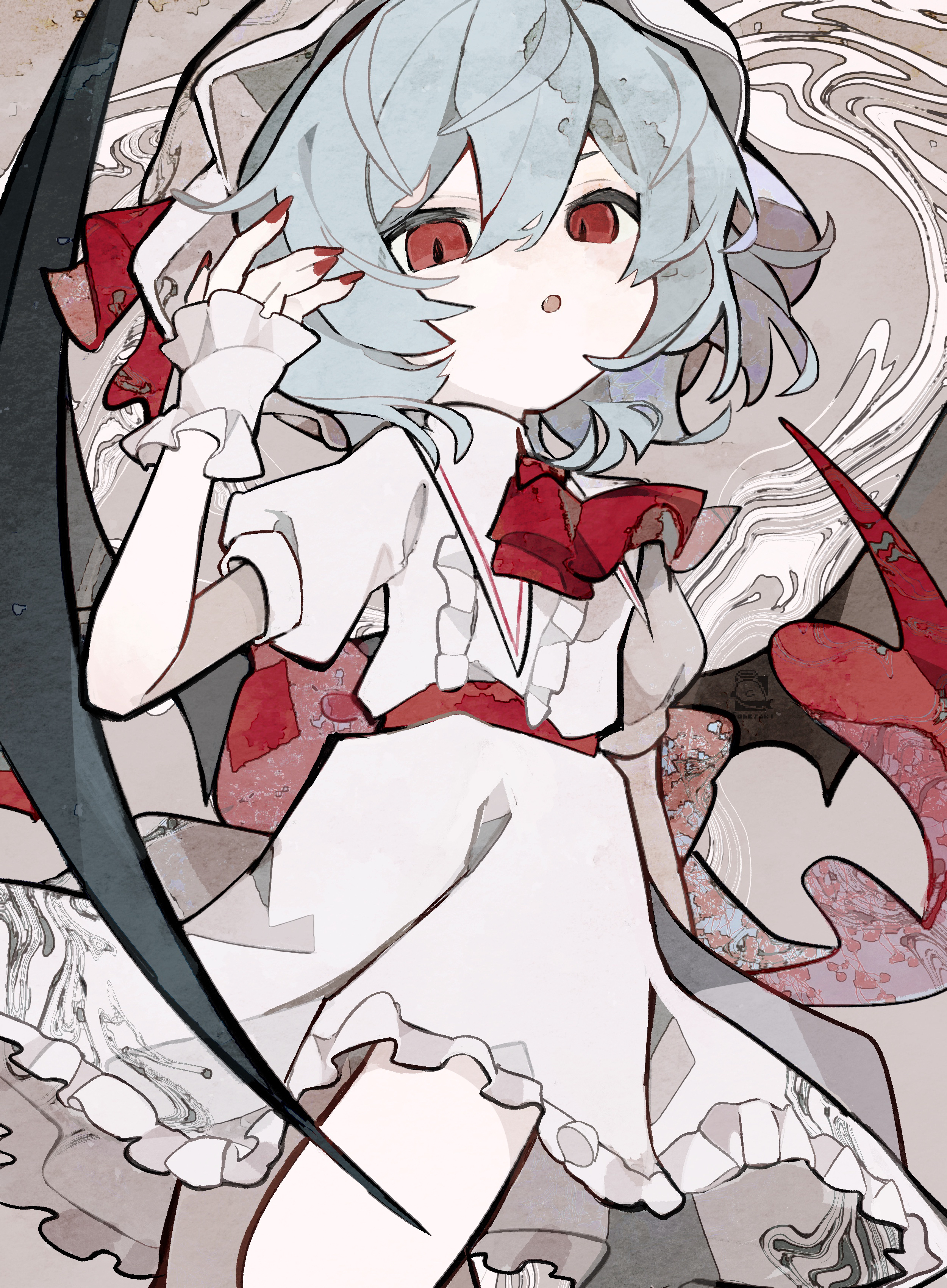 soresaki, remilia scarlet, touhou, absurdres, highres, 1girl, ascot, bat wings, blue hair, hair between eyes, hat, hat ribbon, looking at viewer, mob cap, pink hat, pink shirt, pink skirt, puffy short sleeves, puffy sleeves, red ascot, red eyes, red nails, ribbon, shirt, short hair, short sleeves, skirt, skirt set, solo, wings, wrist cuffs