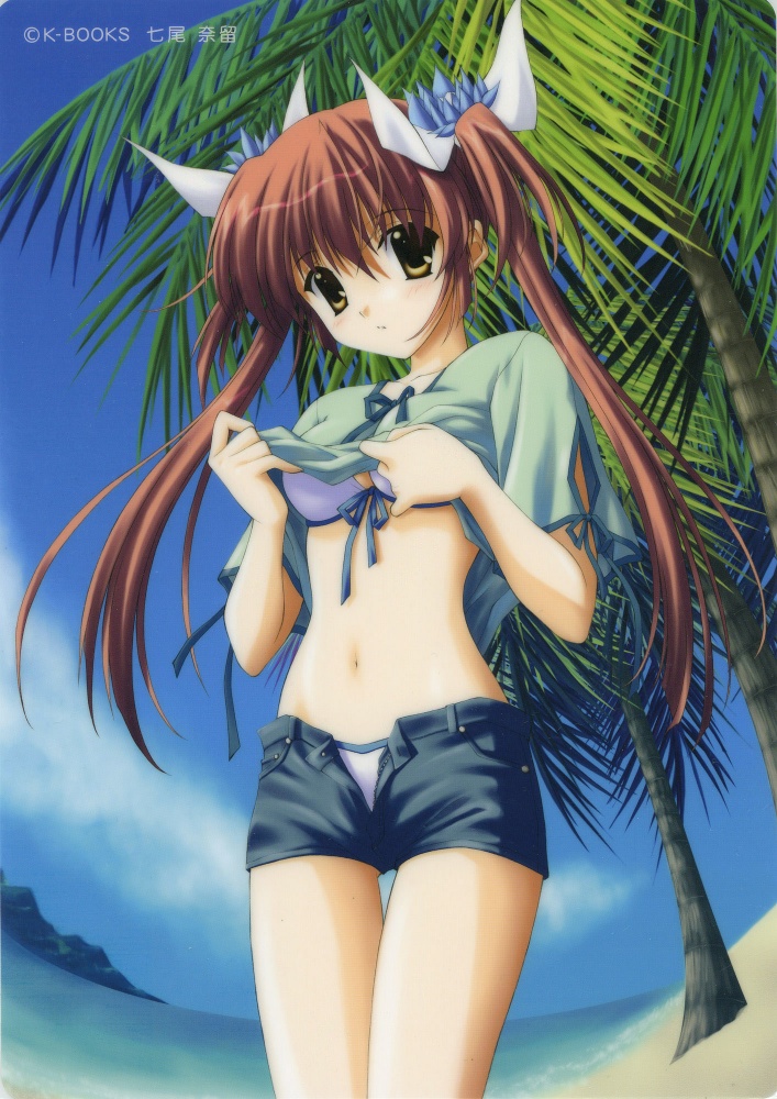 nanao naru, naru nanao, original, 1girl, beach, bikini, blush, breasts, brown hair, clothes lift, cloud, green shirt, hair ribbon, large breasts, long hair, looking at viewer, navel, ocean, open clothes, open shorts, palm tree, ribbon, sand, shirt, shirt lift, short shorts, short sleeves, shorts, sky, standing, swimsuit, tree, twintails, undressing, water, white bikini, yellow eyes