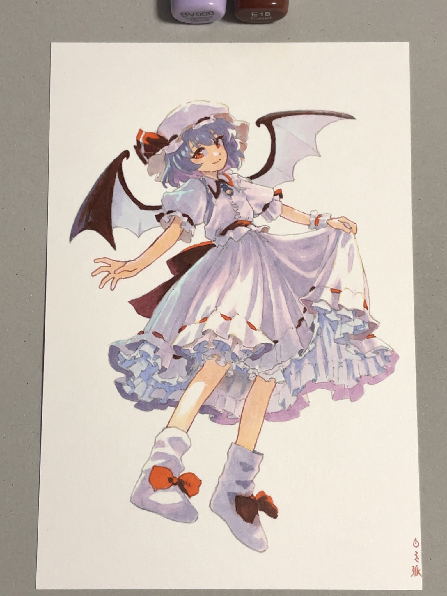 shiratama (hockey), remilia scarlet, touhou, commentary request, highres, marker (medium), traditional media, 1girl, art tools in frame, artist name, bat wings, blue hair, bow, brooch, collared shirt, frilled shirt collar, frills, full body, hair between eyes, hat, hat ribbon, jewelry, looking at viewer, mob cap, pink hat, pink shirt, pink skirt, puffy short sleeves, puffy sleeves, red bow, red eyes, red ribbon, ribbon, shirt, short hair, short sleeves, skirt, skirt hold, smile, solo, wings, wrist cuffs