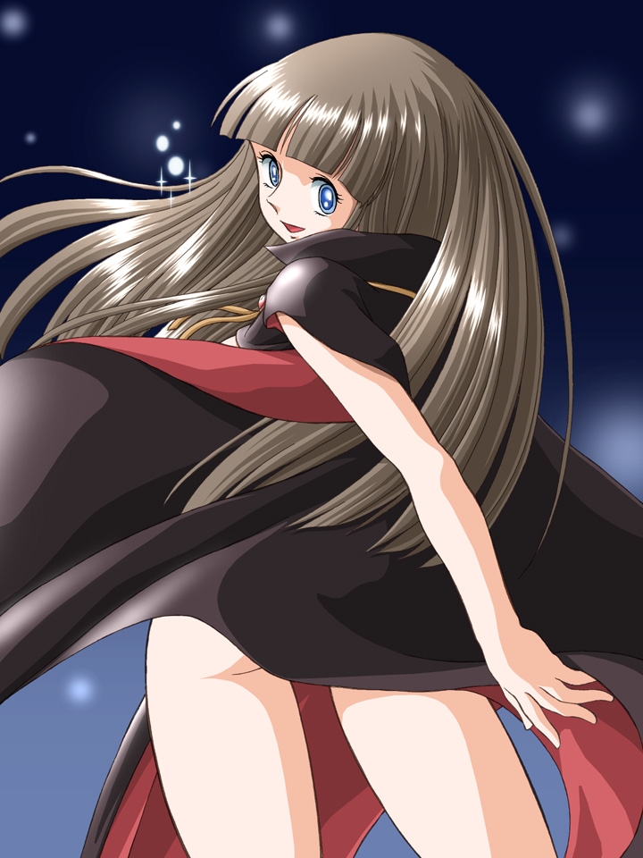 zummy, etou ranze, tokimeki tonight, 1980s (style), bad id, bad pixiv id, blue eyes, blunt bangs, brown hair, cape, hime cut, long hair, naked cape, nude, oldschool, retro artstyle, smile, solo, sparkle, super love lotion, thighs, very long hair