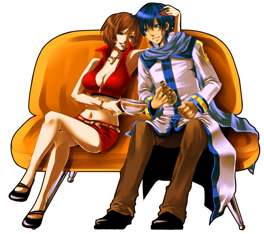 chiru (pixiv66277), chiru (sanifani), kaito (vocaloid), meiko (vocaloid), vocaloid, 1boy, 1girl, alcohol, blue eyes, blue hair, blue scarf, bottle, breasts, brown eyes, brown hair, cleavage, crossed legs, cup, large breasts, nail polish, navel, red nails, sake, scarf, short hair, sitting, smile, sweat