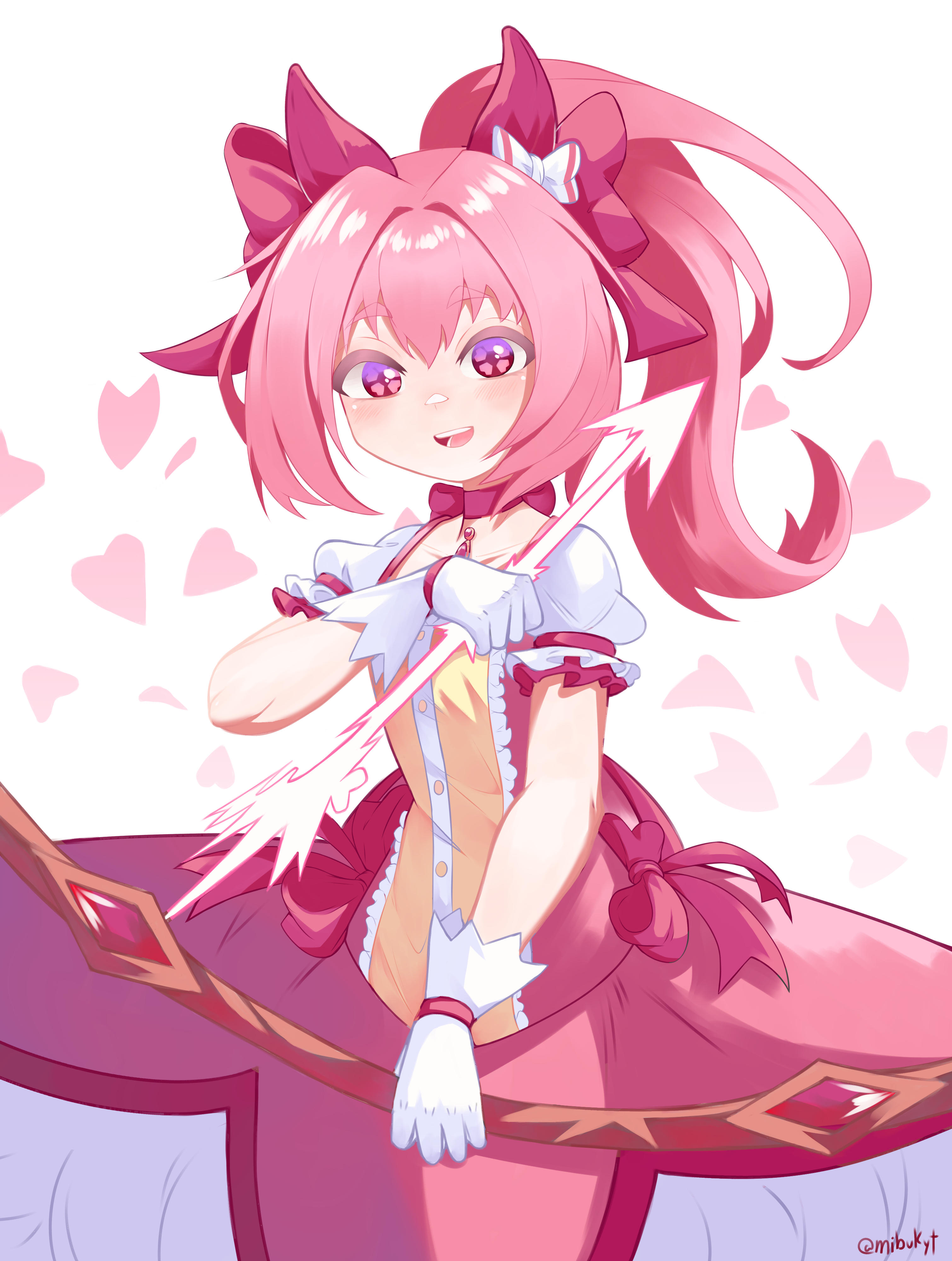mibukyt, haru urara (umamusume), kaname madoka, kaname madoka (magical girl), mahou shoujo madoka magica, umamusume, absurdres, highres, 1girl, alternate costume, animal ears, arrow (projectile), blush, bow, bow (weapon), choker, cosplay, dress, ear covers, energy arrow, gloves, hair bow, holding, holding arrow, holding bow (weapon), holding weapon, horse ears, horse girl, kaname madoka (cosplay), long hair, open mouth, pink bow, pink choker, pink dress, pink hair, ponytail, purple eyes, short sleeves, sidelocks, solo, weapon, white gloves, white sleeves