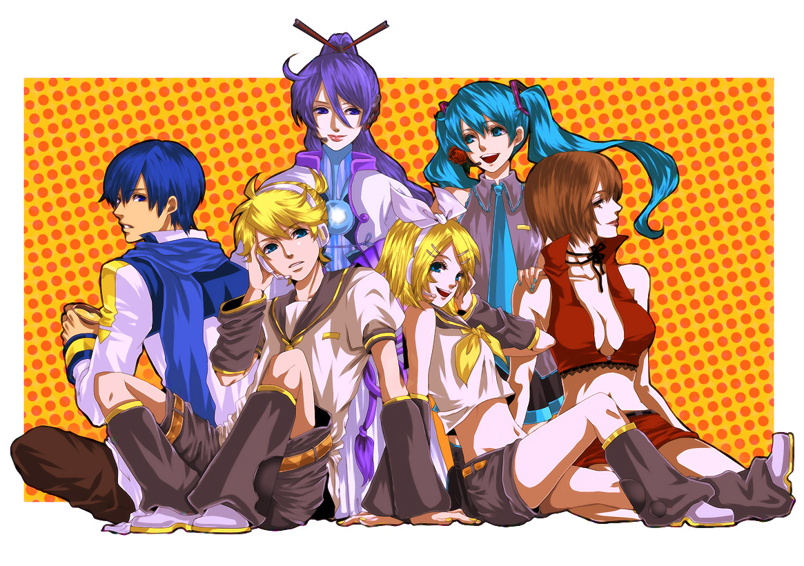 chiru (pixiv66277), chiru (sanifani), hatsune miku, kagamine len, kagamine rin, kaito (vocaloid), kamui gakupo, meiko (vocaloid), vocaloid, 3boys, 3girls, aqua eyes, aqua hair, blonde hair, blue eyes, blue hair, blue scarf, breasts, brown eyes, brown hair, cleavage, flower, food, hair ornament, hair ribbon, hairclip, halftone, halftone background, headphones, ice cream, large breasts, long hair, microphone, multiple boys, multiple girls, navel, necktie, orange background, purple eyes, purple hair, ribbon, rose, scarf, short hair, smile, twintails