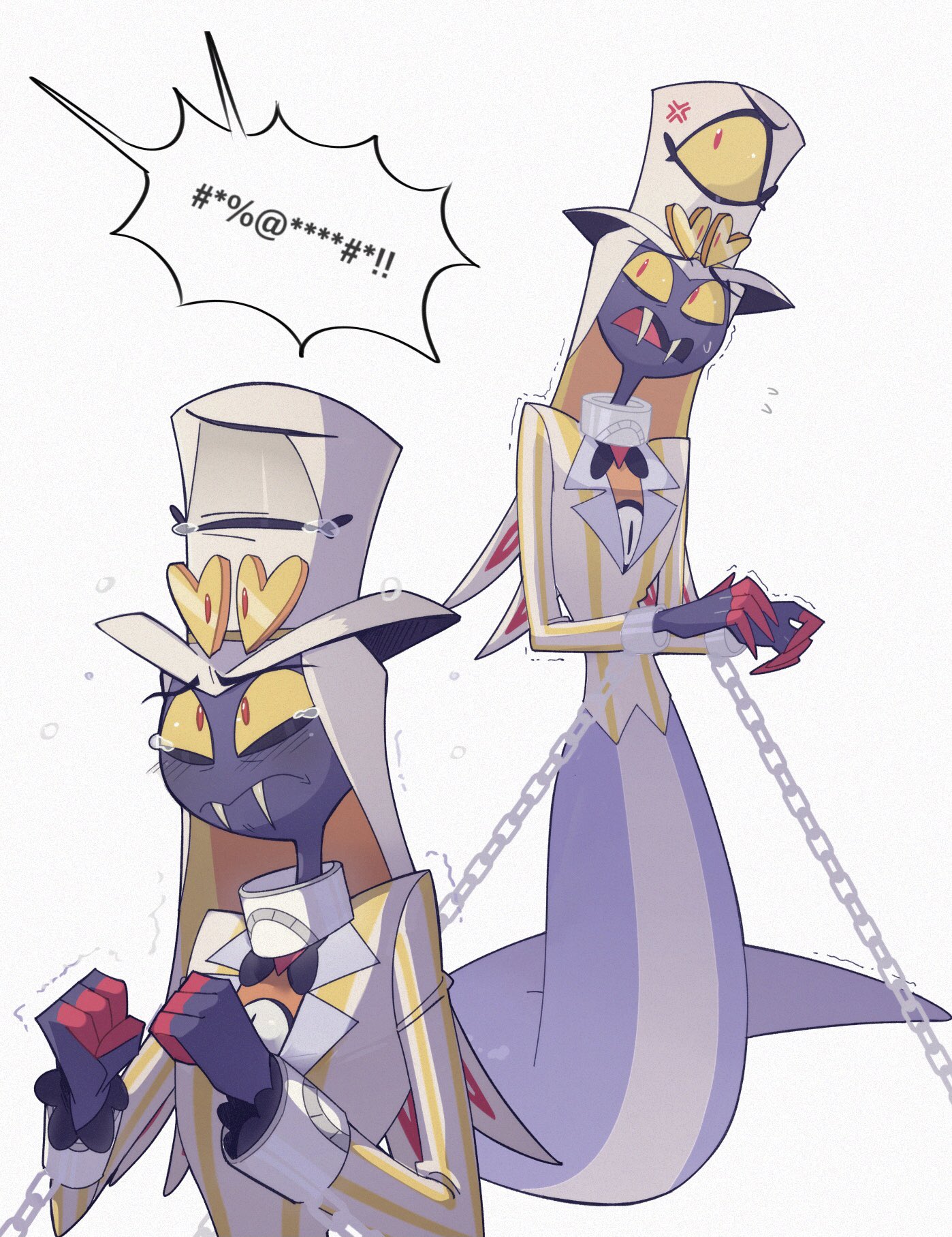 sir pentious, hazbin hotel, hellaverse, commentary, highres, symbol-only commentary, 1boy, black skin, chain, clenched hands, colored sclera, colored skin, fangs, flying teardrops, hat, ima91225, jacket, long hair, male focus, metal wrist cuffs, multiple views, red eyes, simple background, snake boy, speech bubble, tearing up, top hat, trembling, white background, white hair, white hat, yellow jacket, yellow sclera