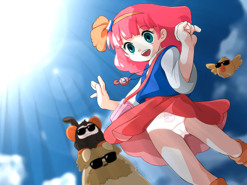 zummy, minky momo, mocha (minky momo), pipiru (minky momo), shindobukku (minky momo), mahou no princess minky momo, bad id, bad pixiv id, 1girl, bird, blue eyes, bow, cameltoe, child, day, dog, hair bow, jewelry, magical girl, monkey, necklace, panties, pantyshot, pink hair, print panties, red skirt, skirt, sky, smile, star (symbol), sunglasses, sunlight, underwear, upskirt, vest, white panties, wind, wind lift