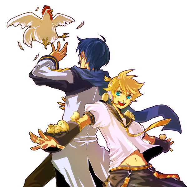 chiru (pixiv66277), chiru (sanifani), kagamine len, kaito (vocaloid), vocaloid, 2boys, ahoge, angry, aqua eyes, baby animal, belt, bird, blue hair, blue scarf, chick, chicken, detached sleeves, feathers, headphones, male focus, microphone, multiple boys, necktie, rooster, scarf, smile, sweat, yellow necktie