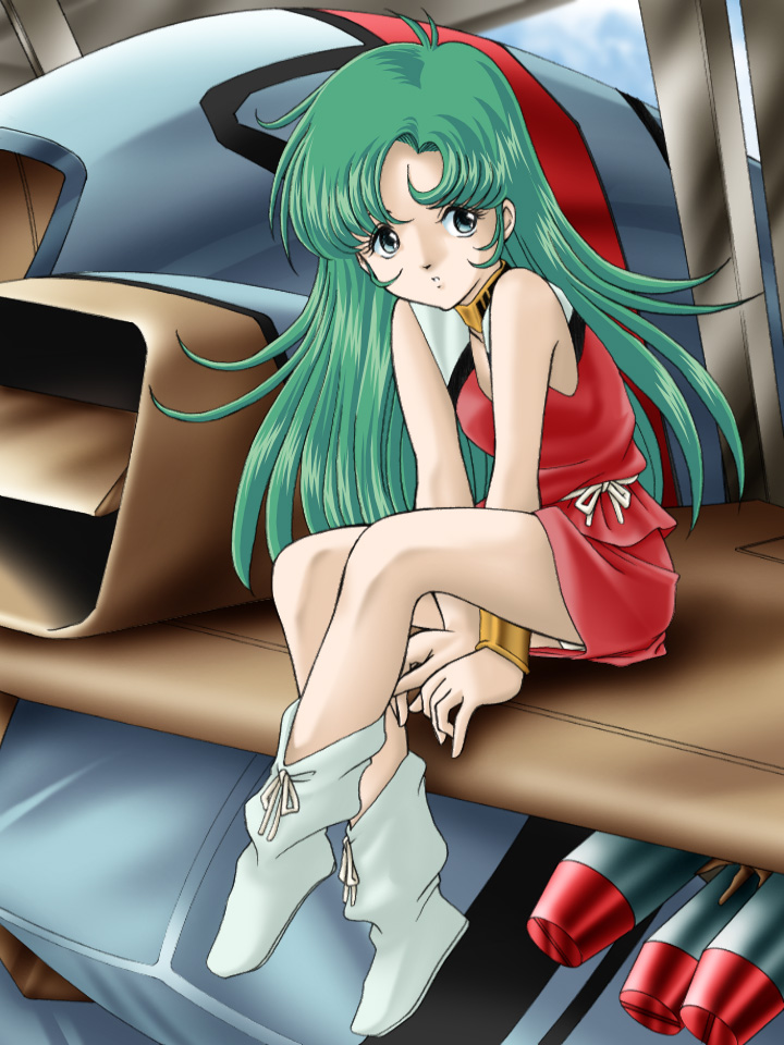 zummy, mome, mome (orguss), mu (orguss), orguss (mecha), choujikuu seiki orguss, orguss, 1980s (style), 1girl, android, blue eyes, boots, bracelet, child, choker, collar, dress, green hair, jewelry, long hair, mecha, missile, oldschool, panties, pantyshot, retro artstyle, robot, short dress, sitting, underwear