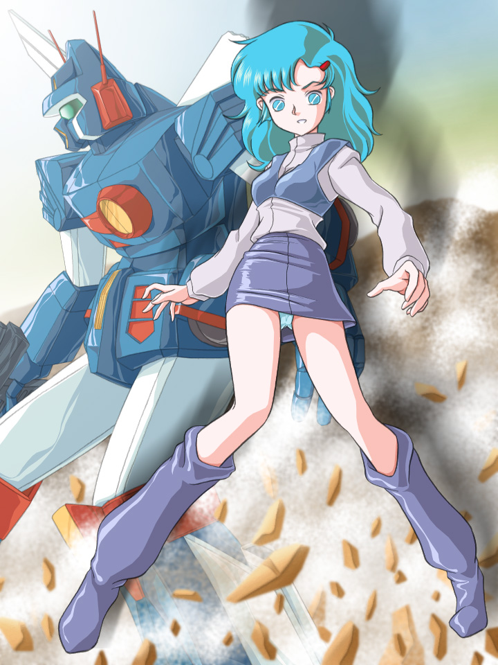 zummy, elchi cargo, xabungle (mecha), sentou mecha xabungle, xabungle, aqua eyes, aqua hair, boots, child, hair ornament, hairclip, mecha, miniskirt, panties, pantyshot, retro artstyle, robot, skirt, underwear, upskirt, walker (robot), walker machine