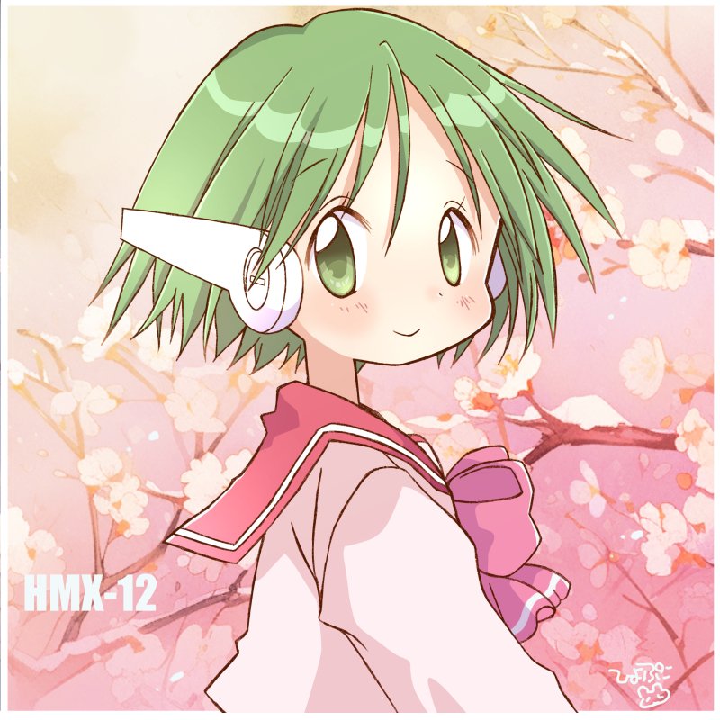 hiyopuko, multi (to heart), to heart, to heart (series), commentary request, 1girl, android, border, bow, branch, character name, cherry blossoms, green eyes, green hair, looking at viewer, pink bow, red sailor collar, robot ears, sailor collar, school uniform, serafuku, shirt, short hair, solo, turning head, upper body, white border, white shirt