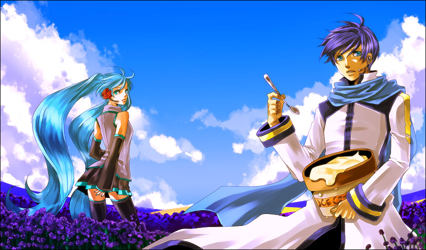 chiru (pixiv66277), chiru (sanifani), hatsune miku, kaito (vocaloid), vocaloid, bad id, bad pixiv id, 1boy, 1girl, aqua eyes, aqua hair, blue eyes, blue hair, blue scarf, cloud, day, detached sleeves, flower, food, ice cream, long hair, microphone, scarf, skirt, spoon, thighhighs, twintails, very long hair