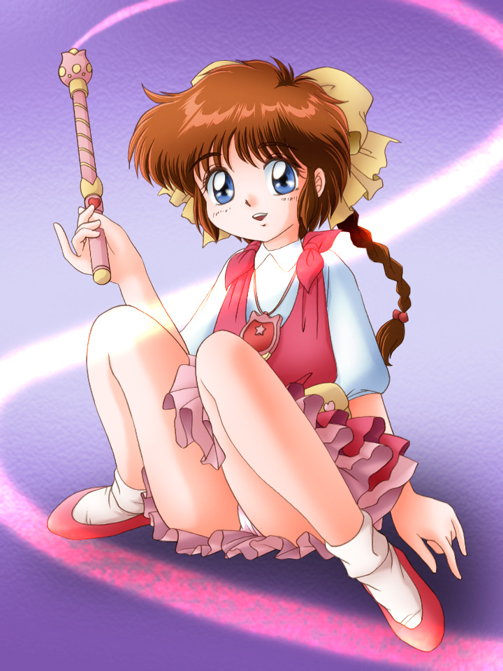 zummy, hanazono yumi, pastel yumi, mahou no idol pastel yumi, 1girl, blue eyes, bow, braid, brown hair, child, female focus, flats, hair ribbon, jewelry, magical girl, necklace, panties, pantyshot, ribbon, single braid, sitting, skirt, smile, socks, solo, underwear, wand, white socks, yellow bow