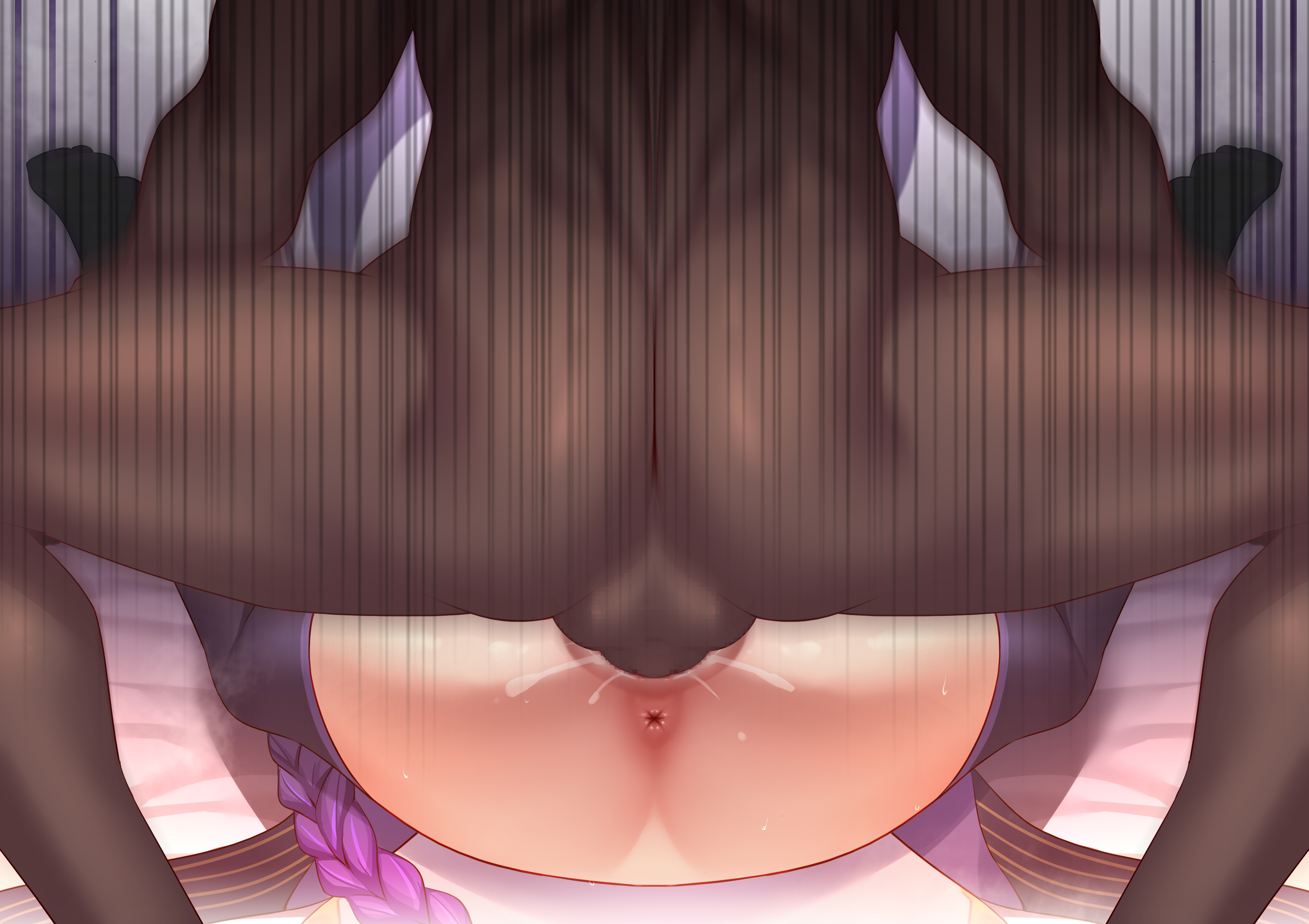 h.carrrrrrot, raiden shogun, genshin impact, absurdres, highres, 1boy, 1girl, anus, armor, ass, ass focus, back, blunt bangs, blush, braid, breasts, cum, cum in pussy, dark-skinned male, dark skin, electro symbol (genshin impact), from behind, gradient hair, grey background, hetero, holding another's legs, indoors, japanese clothes, kimono, large breasts, legs up, long braid, looking down, lying, mating press, mitsudomoe (shape), motion blur, multicolored hair, muscular, muscular male, on back, purple hair, purple kimono, purple thighhighs, sex, shade, shadow, shoulder armor, single braid, solo, spread legs, squatting, surprised, teeth, testicles, thick thighs, thighhighs, thighs, tomoe (symbol)