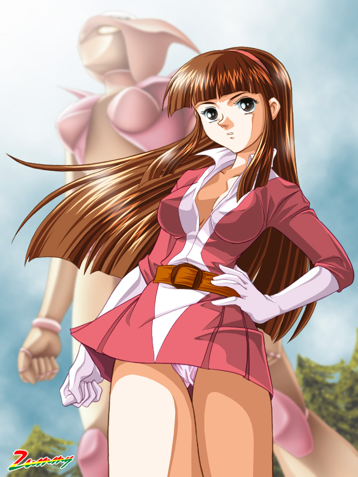 zummy, aphrodai a, aphrodite a, yumi sayaka, mazinger (series), mazinger z, toei company, bad id, bad pixiv id, 1970s (style), 1girl, belt, blunt bangs, brown eyes, brown hair, cameltoe, dress, gloves, headband, hime cut, long hair, mecha, oldschool, panties, pantyshot, pink panties, retro artstyle, robot, short dress, super robot, underwear, unzipped, upskirt, white panties