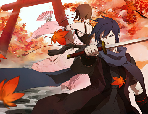 uns, uns (u-ness), kaito (vocaloid), meiko (vocaloid), tsugai kogarashi (vocaloid), vocaloid, lowres, 1boy, 1girl, black scarf, blue hair, brown hair, folding fan, hand fan, katana, leaf, maple leaf, scarf, short hair, sword, torii, weapon