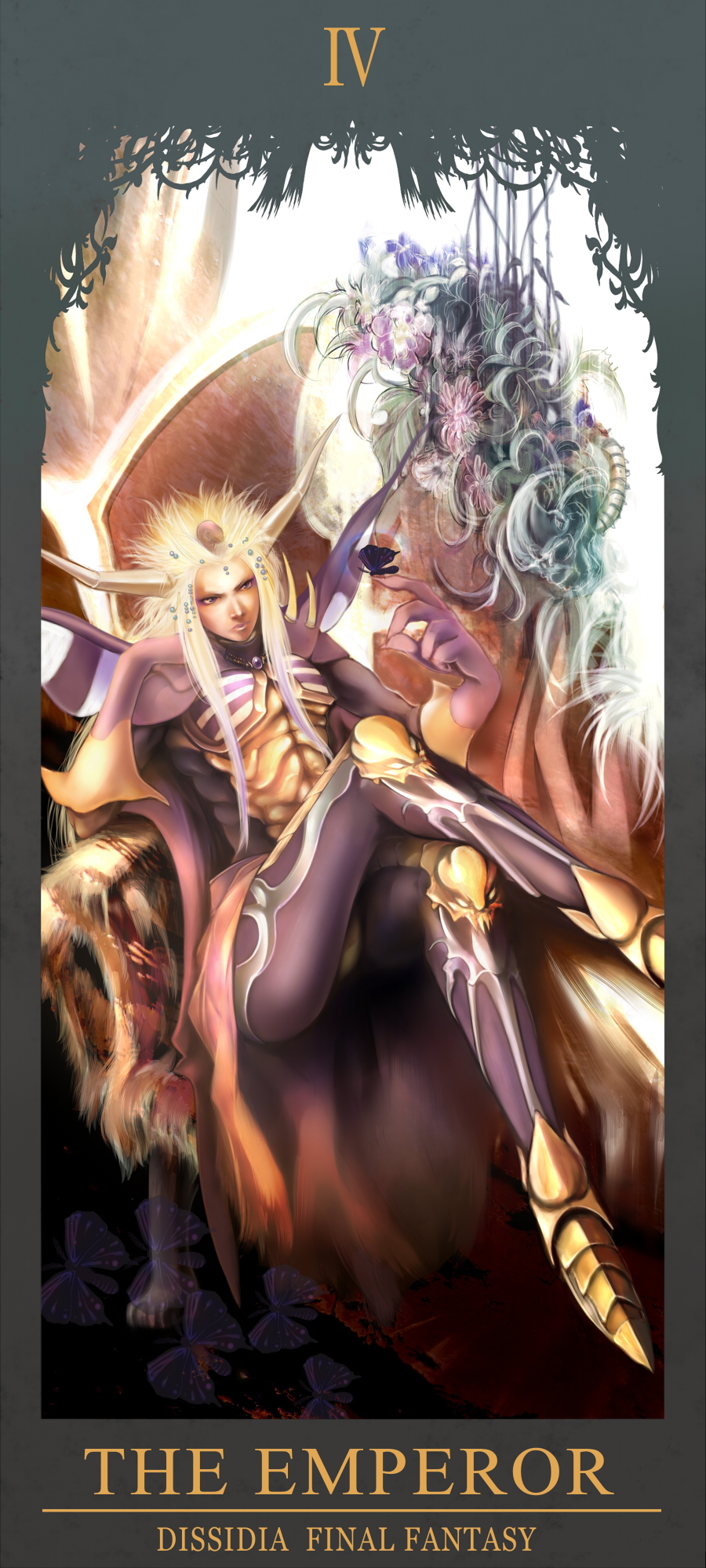 plastick, emperor (ff2), emperor mateus, dissidia final fantasy, final fantasy, final fantasy ii, bad id, bad pixiv id, highres, 1boy, armor, blonde hair, boots, bug, butterfly, cape, card (medium), character name, copyright name, flower, horns, insect, male focus, parody, sitting, snake, solo, tarot, tarot (medium), the emperor (tarot)