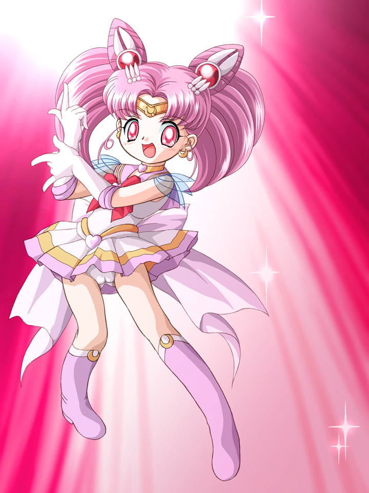 zummy, chibi usa, sailor chibi moon, super sailor chibi moon, bishoujo senshi sailor moon, bishoujo senshi sailor moon supers, bad id, bad pixiv id, 1990s (style), 1girl, back bow, boots, bow, brooch, cameltoe, choker, circlet, cone hair bun, double bun, earrings, elbow gloves, female focus, full moon, gloves, hair bun, hair ornament, hairclip, heart, heart brooch, heart choker, jewelry, knee boots, loli, magical girl, moon, multicolored skirt, panties, pantyshot, pink boots, pink eyes, pink hair, pink sailor collar, pink theme, retro artstyle, ribbon, sailor collar, sailor senshi uniform, short twintails, skirt, solo, sparkle, tiara, tsuki ni kawatte oshioki yo, twintails, underwear, white gloves, white panties