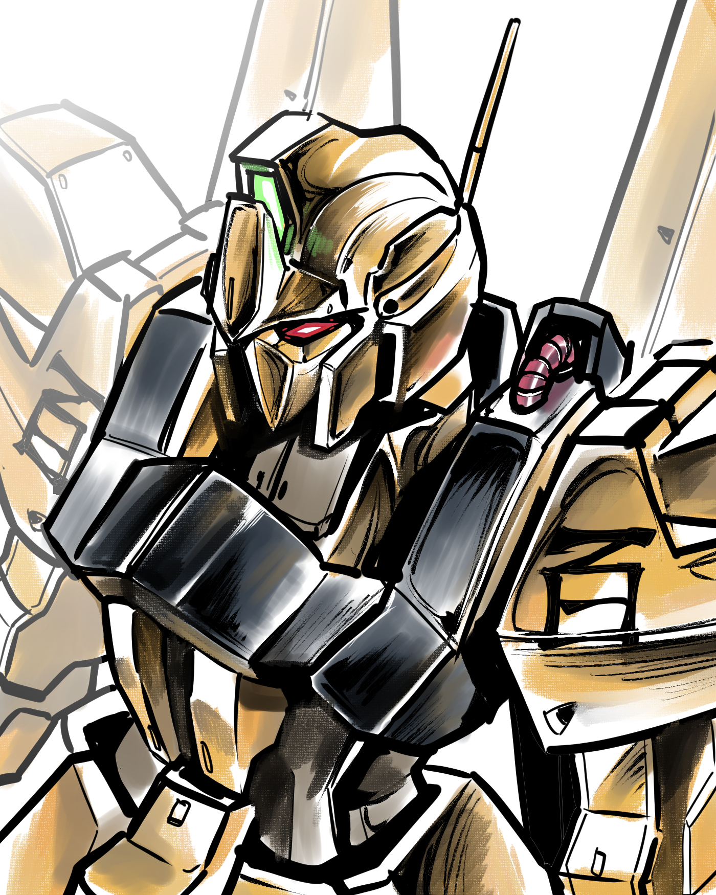 margare, hyaku shiki, gundam, zeta gundam, highres, aeug, armor, black armor, glowing, glowing eye, gold armor, mecha, mecha focus, mobile suit, multicolored armor, radio antenna, red eyes, robot, science fiction, solo, upper body