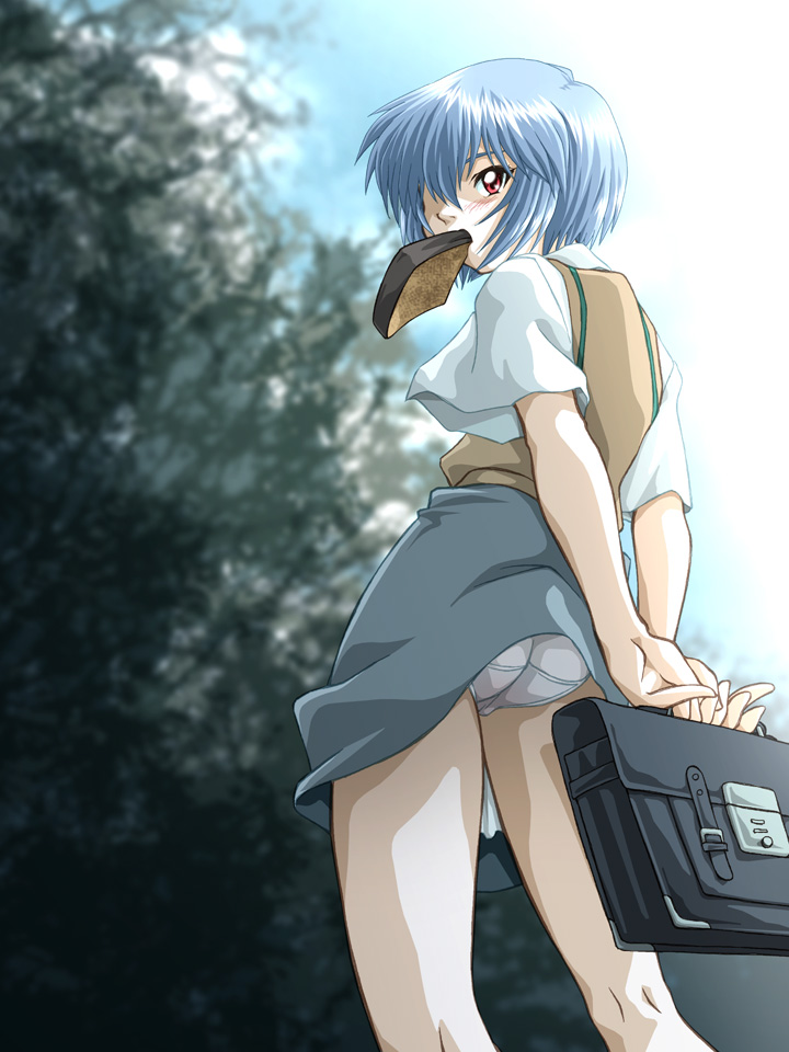 zummy, ayanami rei, neon genesis evangelion, bad id, bad pixiv id, ass, bag, blue hair, bread, bread slice, food, food in mouth, hair over one eye, mouth hold, panties, pantyshot, red eyes, school uniform, short hair, skirt, thighs, toast, toast in mouth, underwear, vest, white panties, wind, wind lift