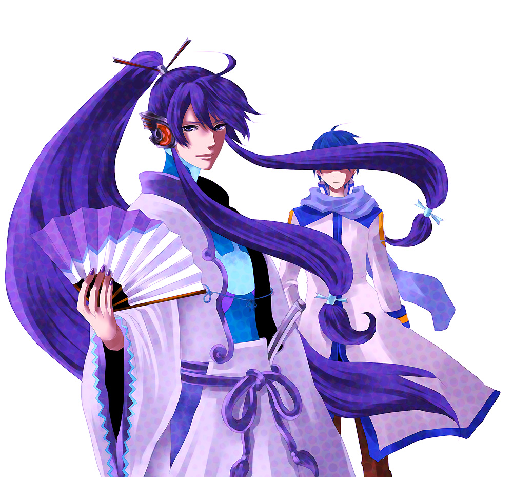 chiru (pixiv66277), chiru (sanifani), kaito (vocaloid), kamui gakupo, vocaloid, 2boys, ahoge, blue hair, blue scarf, hand fan, headphones, long hair, male focus, multiple boys, ponytail, purple eyes, purple hair, scarf, simple background, sword, weapon