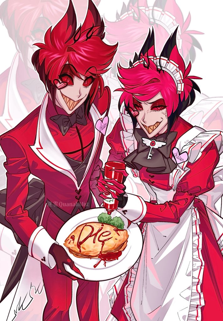 alastor (hazbin hotel), hazbin hotel, hellaverse, 2boys, 7104 co2, anger vein, animal ears, antlers, apron, black bow, black bowtie, black neckerchief, bottle, bow, bowtie, broccoli, colored extremities, colored sclera, colored teeth, cowboy shot, crossdressing, crossdressing (mtf), deer antlers, deer ears, dress, eyewear strap, food, from above, heart, heart-shaped eyewear, holding, holding bottle, holding plate, horns, jacket, juliet sleeves, ketchup bottle, long sleeves, maid apron, maid headdress, male focus, monocle, multiple boys, neckerchief, omelet, omurice, pants, plate, puffy sleeves, red dress, red eyes, red hair, red jacket, red pants, red sclera, red shirt, shirt, short hair, white apron, white background, yellow teeth, zoom layer