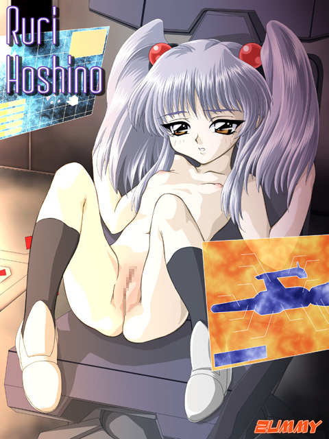 zummy, hoshino ruri, kidou senkan nadesico, silver hair, bad id, bad pixiv id, 1girl, black socks, brown eyes, censored, chair, female focus, flat chest, hair ornament, loli, nipples, nude, pussy, screen, socks, solo, sphere hair ornament, twintails