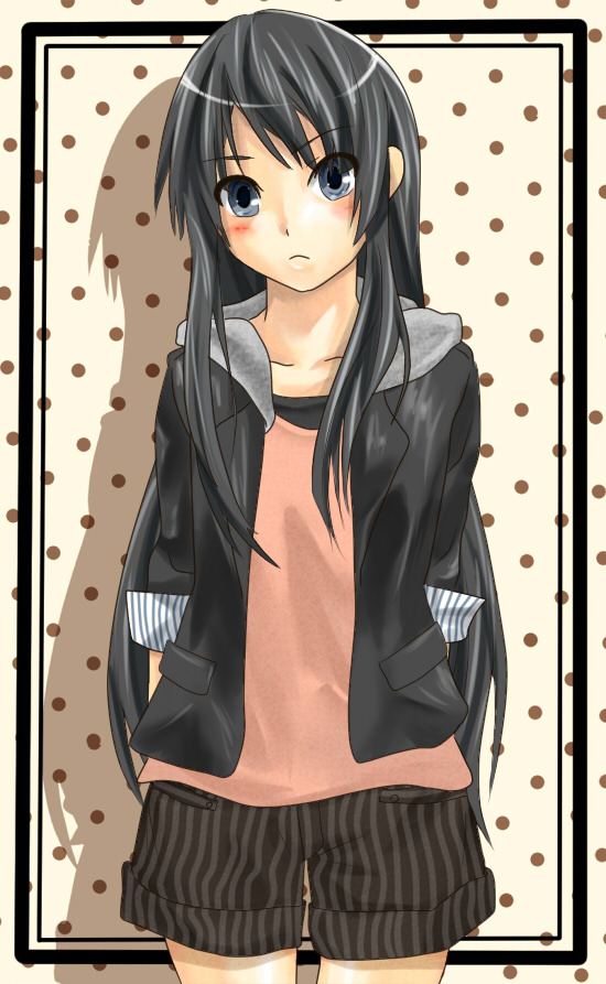 daigo asahina, shio kouji (shiokojii), akiyama mio, k-on!, bad id, bad pixiv id, 00s, 1girl, arms behind back, black hair, blue eyes, blunt bangs, blush, casual, female focus, hime cut, jacket, long hair, shorts, solo