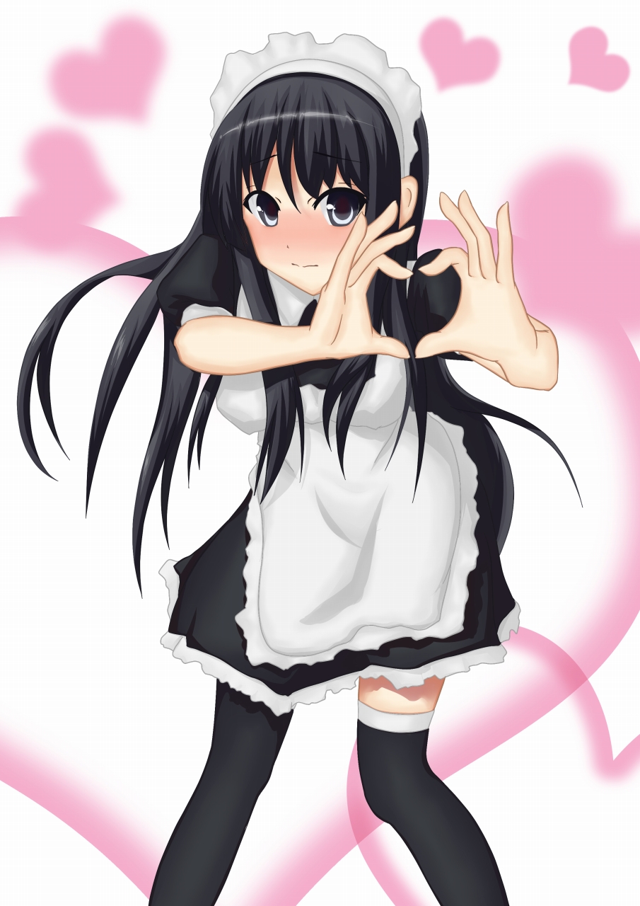 bunn, bunn (aphorism), akiyama mio, k-on!, highres, 00s, 1girl, alternate costume, apron, black hair, blue eyes, blunt bangs, blush, enmaided, female focus, four-finger heart hands, heart, heart hands, hime cut, long hair, maid, maid apron, maid headdress, moe moe kyun!, solo, thighhighs