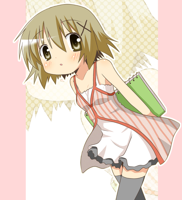 minami (colorful palette), yuno (hidamari sketch), hidamari sketch, 00s, 1girl, bare shoulders, blush, brown hair, casual, dress, female focus, short hair, sketchbook, solo, thighhighs, zettai ryouiki, zoom layer