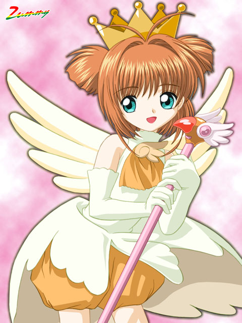 zummy, kinomoto sakura, kinomoto sakura (miraculous sakura), cardcaptor sakura, bad id, bad pixiv id, 1990s (style), 1girl, aqua eyes, brown hair, child, crown, elbow gloves, female focus, fuuin no tsue, gloves, magical girl, puffy pants, retro artstyle, short hair, solo, wand, white gloves, wings