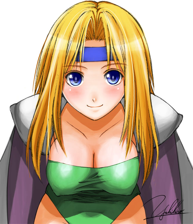 yukihiro, celes chere, final fantasy, final fantasy vi, 1990s (style), 1girl, blonde hair, blue eyes, blush, breasts, cape, cleavage, covered erect nipples, female focus, headband, leaning forward, leotard, long hair, retro artstyle, signature, simple background, smile, solo