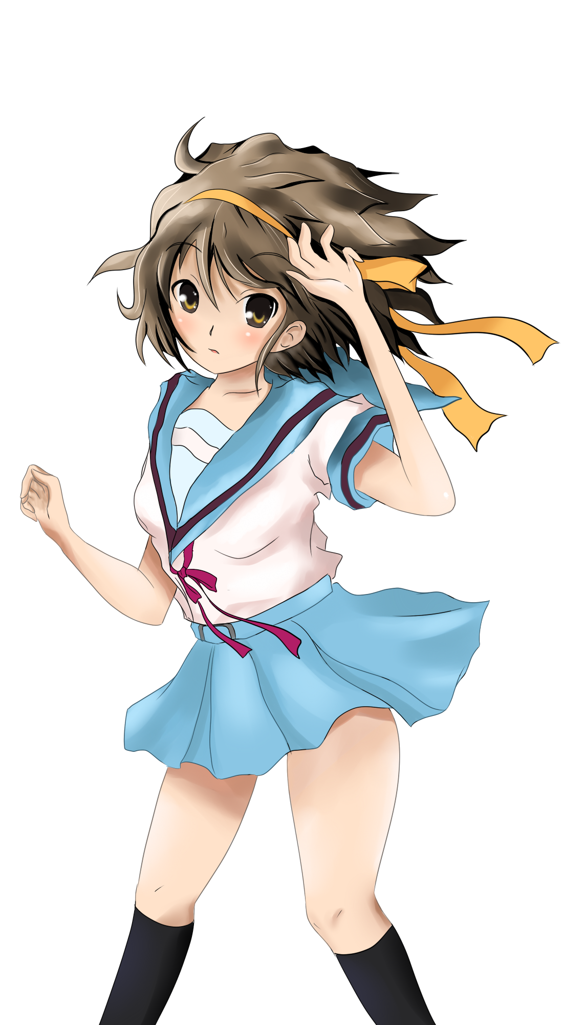 ganota uc, suzumiya haruhi, suzumiya haruhi no yuuutsu, bad id, bad pixiv id, highres, 00s, 1girl, brown hair, female focus, hairband, school uniform, serafuku, short hair, solo