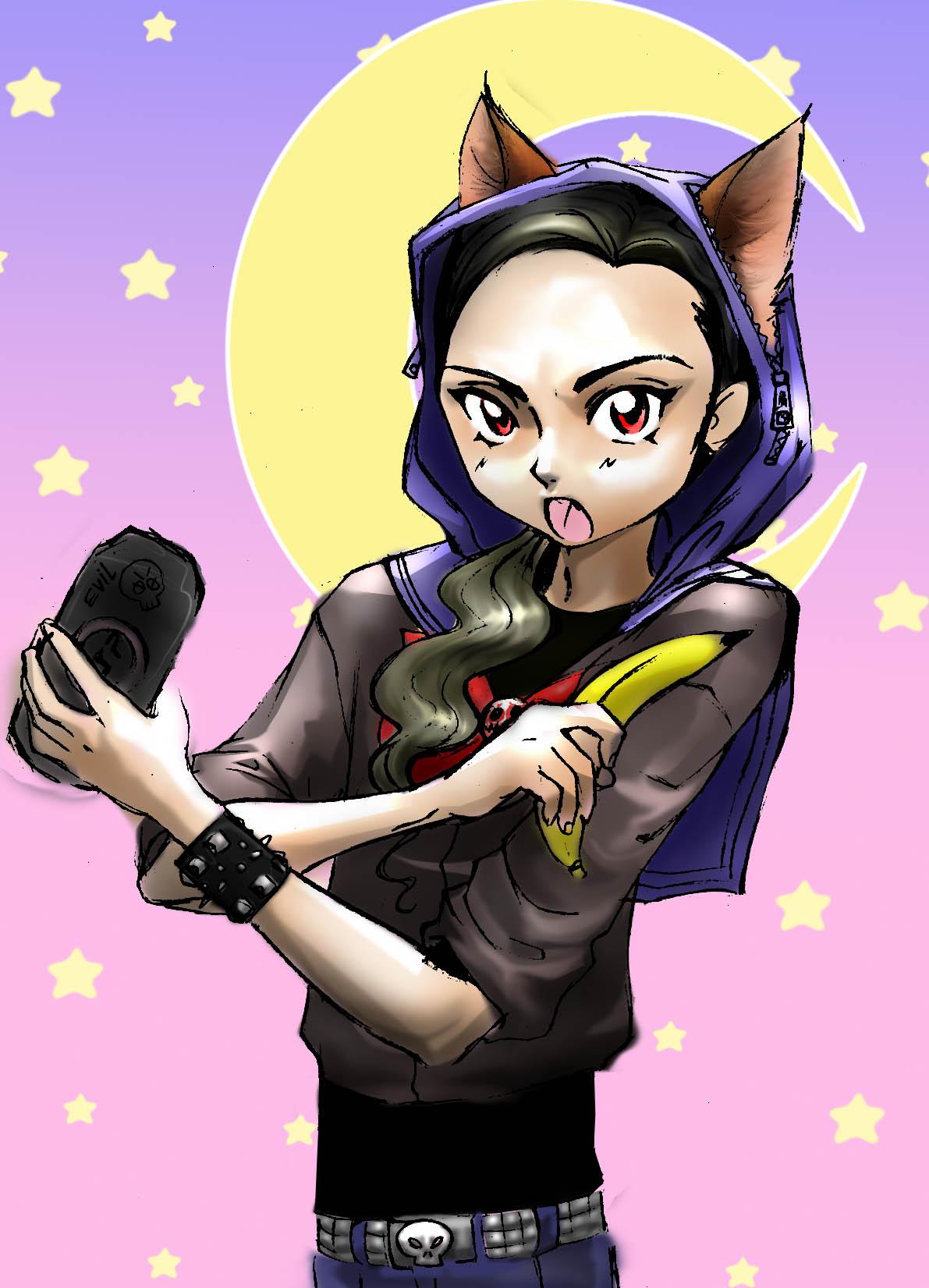 coffin joe, original, highres, 1girl, animal ears, banana, black hair, cat ears, cloak, denim, female focus, food, fruit, handheld game console, jeans, long hair, moon, open mouth, pants, playstation portable, red eyes, skull, solo, star (symbol), zipper