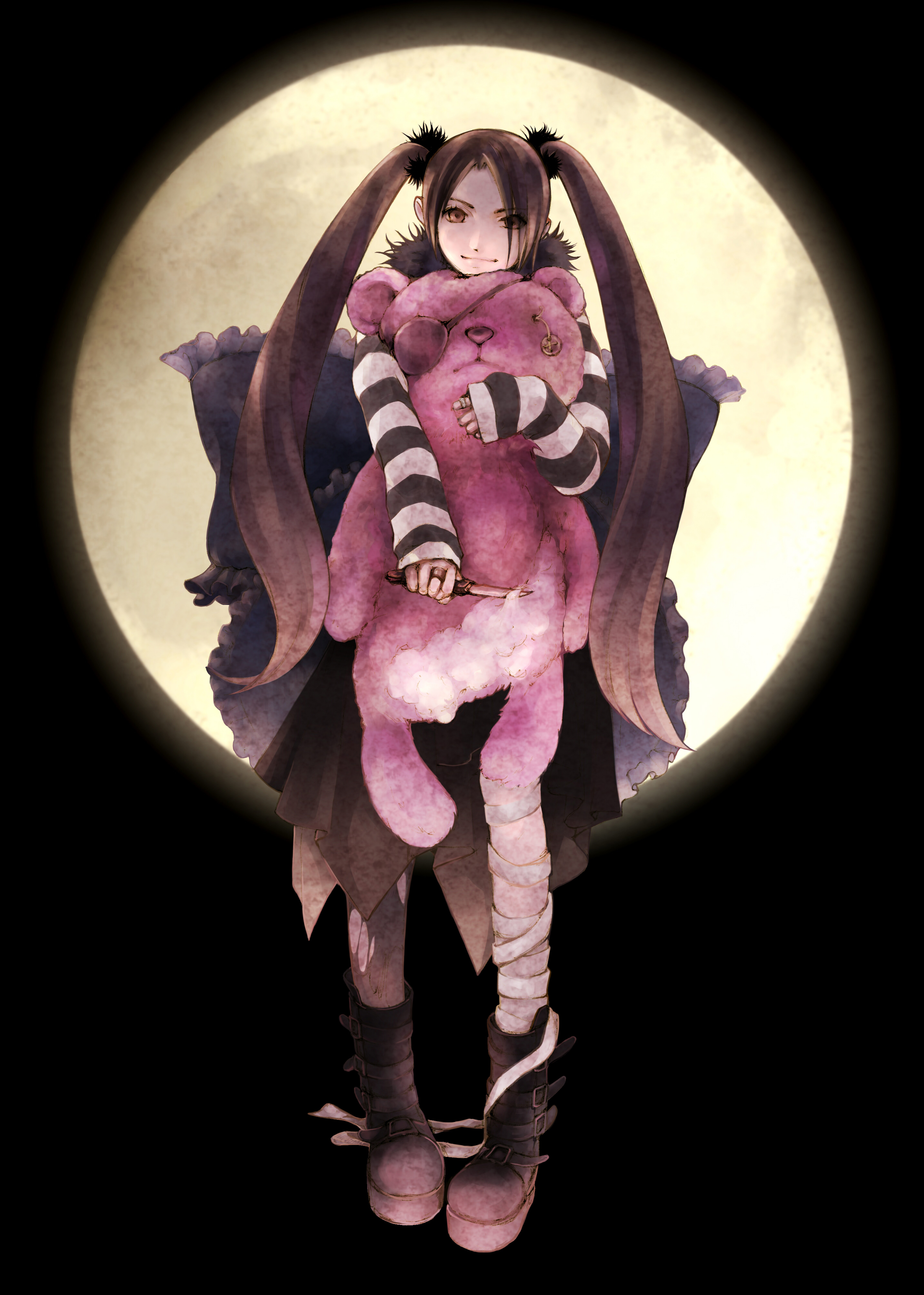 onei-akira, original, striped, absurdres, highres, bandages, boots, brown eyes, brown hair, eyepatch, full moon, knife, long hair, moon, skirt, solo, stuffed animal, stuffed toy, teddy bear, twintails