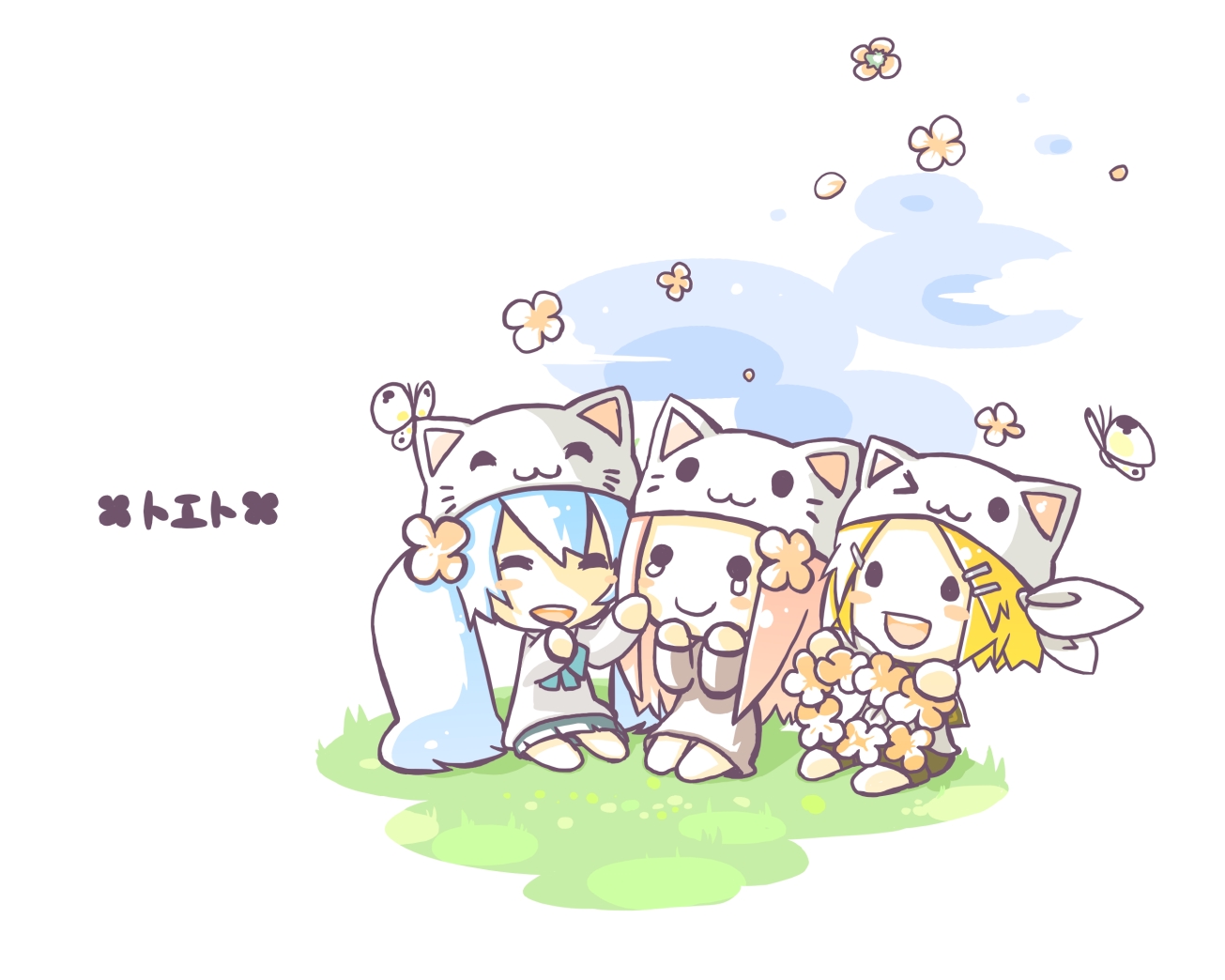 sakutoko, hatsune miku, kagamine rin, megurine luka, megurine luka (toeto), toeto (vocaloid), vocaloid, animal hat, bug, butterfly, cat hat, chibi, flower, hat, smile, tears