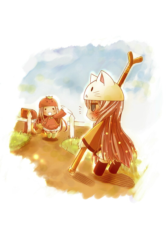 wada kenichi, megurine luka, megurine luka (toeto), toeto (vocaloid), vocaloid, animal hat, cat hat, chibi, hat, staff, tomato, waving