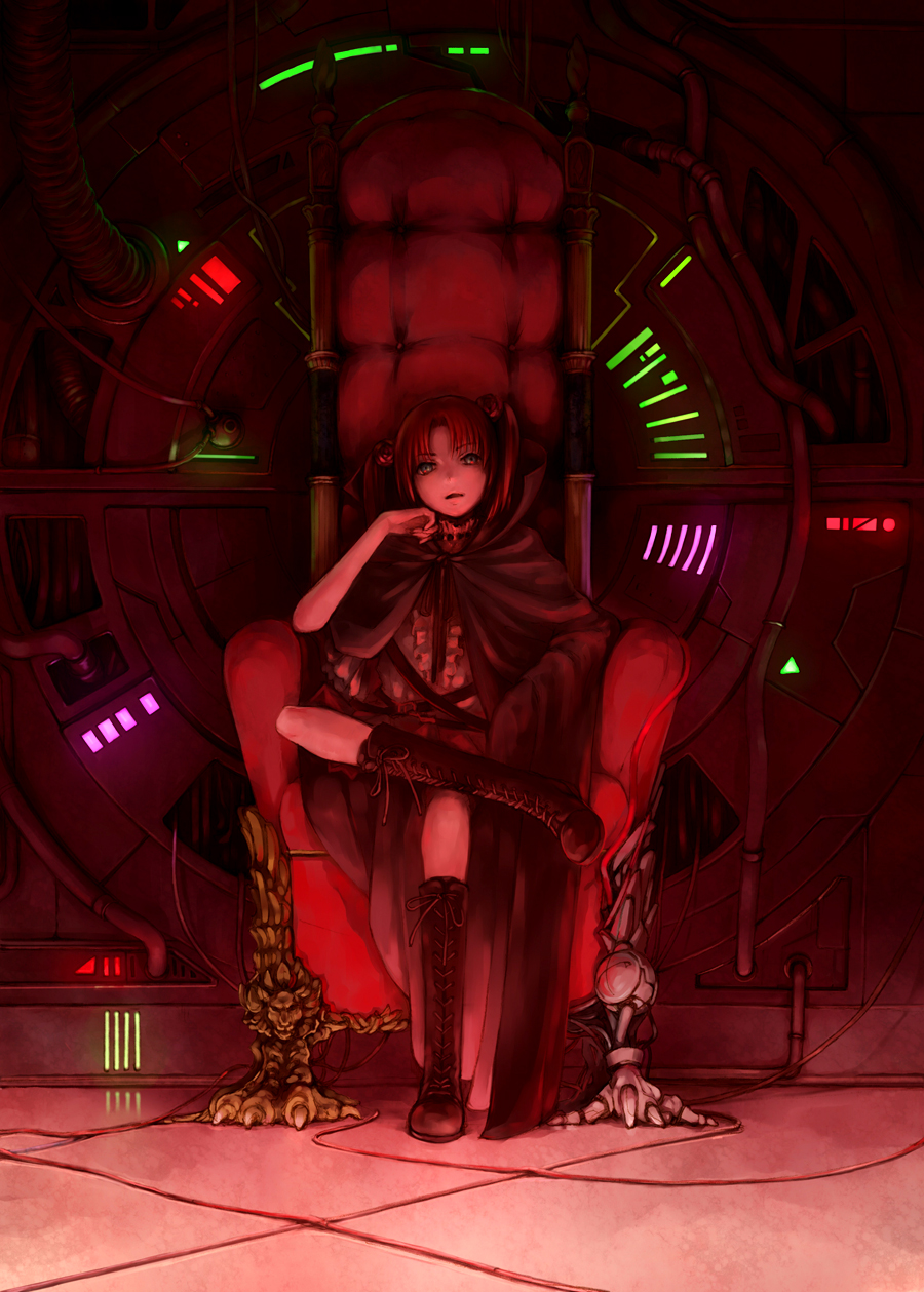 onei-akira, original, highres, boots, cloak, knee boots, long hair, science fiction, solo, throne, twintails