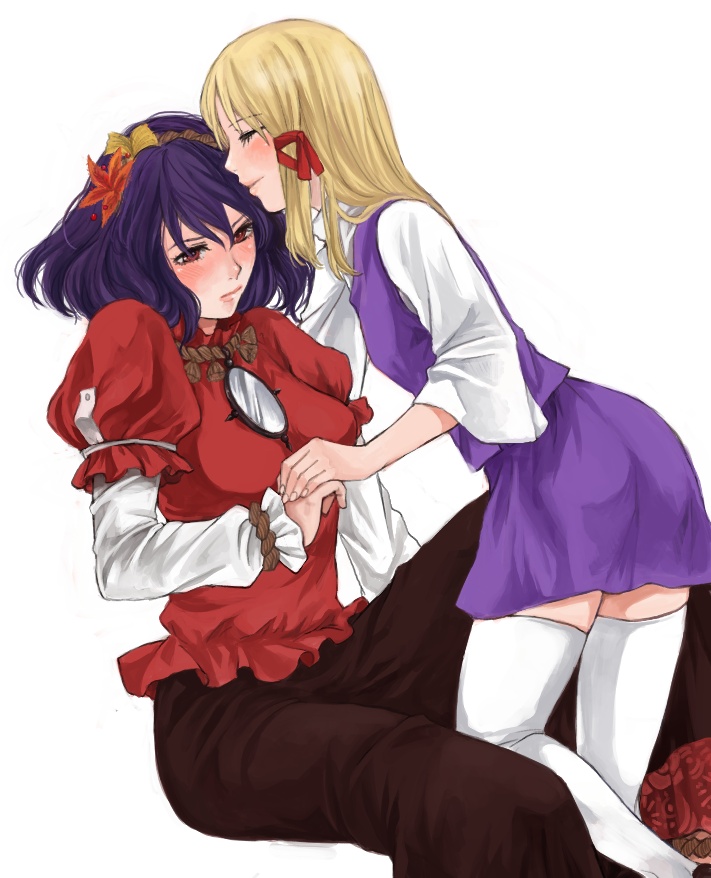 mishima ssuru, moriya suwako, yasaka kanako, touhou, bad id, bad pixiv id, 2girls, blonde hair, blush, female focus, hair ornament, hairband, leaf hair ornament, multiple girls, purple hair, red eyes, rope, short hair, simple background, thighhighs, yuri