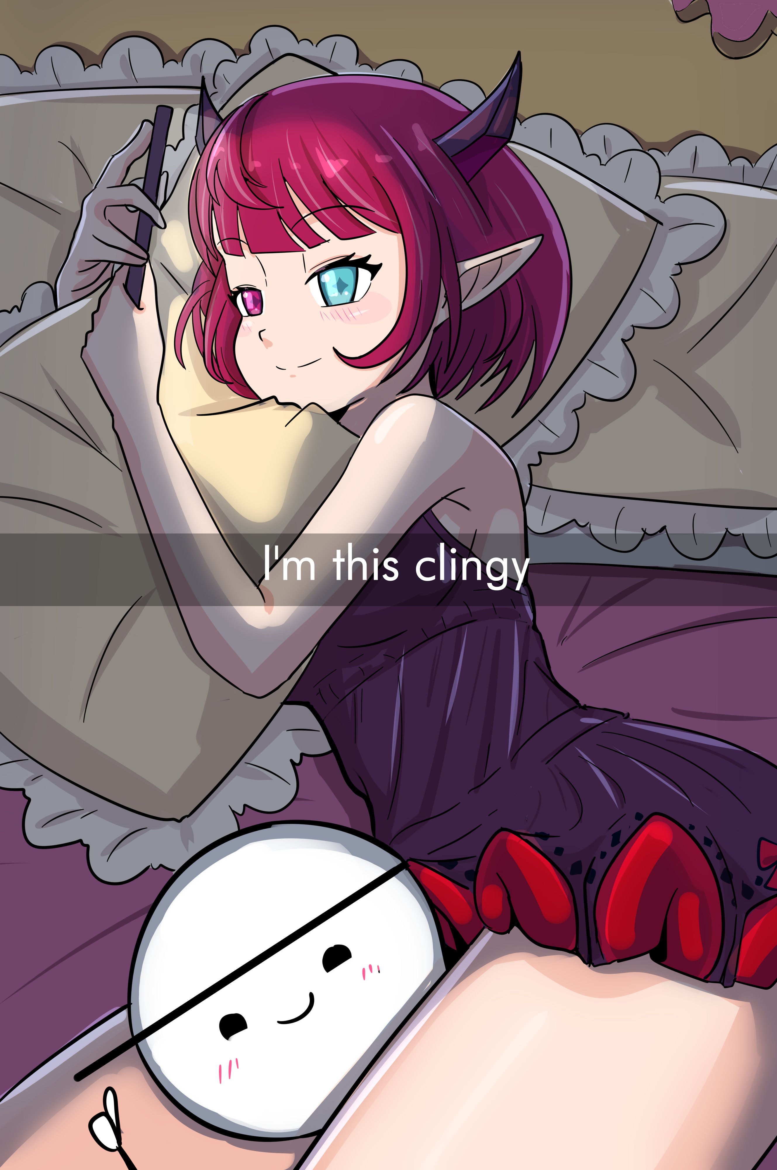 shadowsky exe, guyrys, irys (hololive), hololive, hololive english, absurdres, highres, between thighs, black nightgown, blue eyes, blush, cellphone, head between thighs, head on pillow, heterochromia, holding, holding phone, horns, i'm this clingy (meme), looking at phone, lying, meme, multicolored hair, nightgown, on side, phone, pillow, pointy ears, purple hair, red hair, screen light, smartphone, stick figure, thumbs up, virtual youtuber