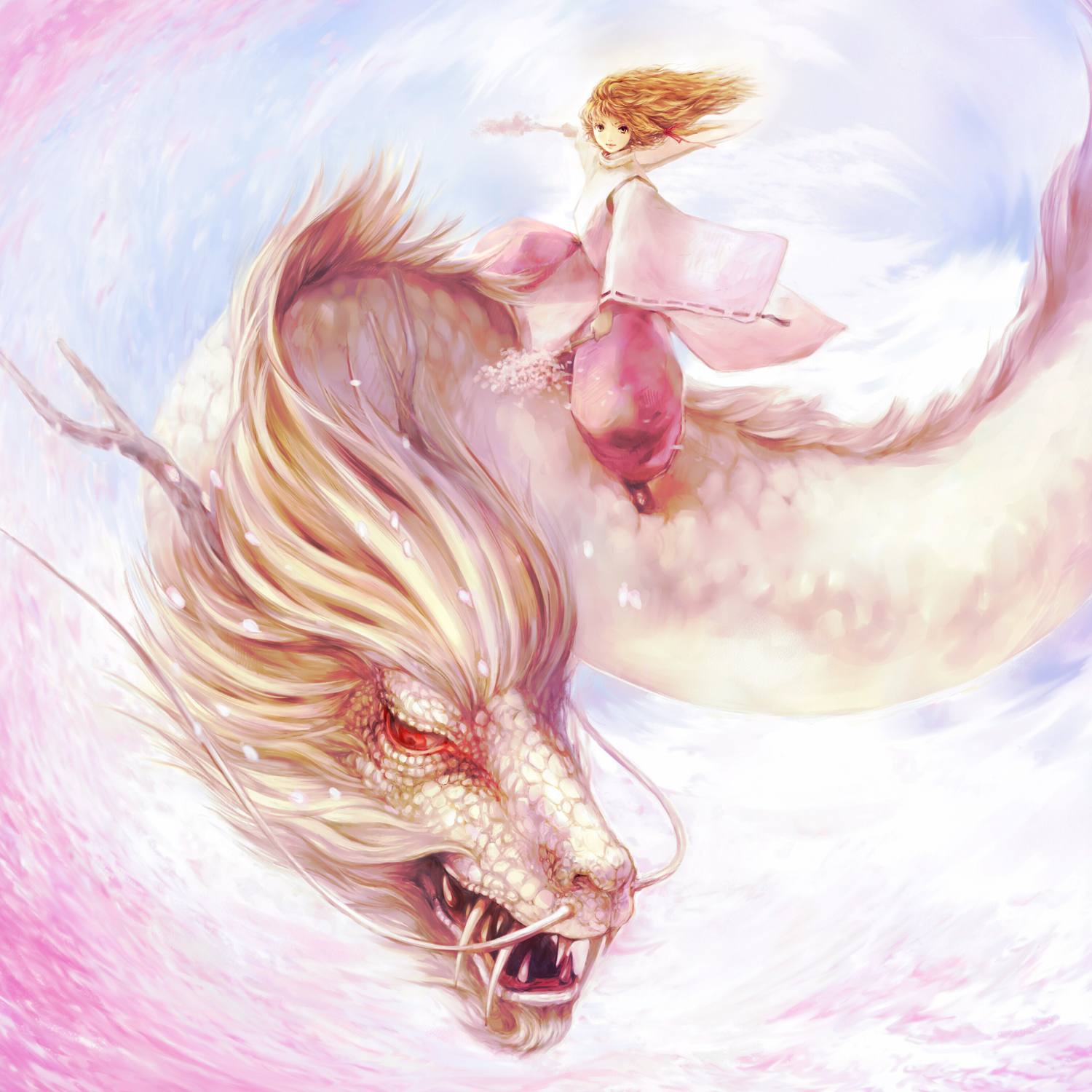 onei-akira, original, highres, blonde hair, brown eyes, cherry blossoms, dragon, flying, long hair, petals, solo, teeth